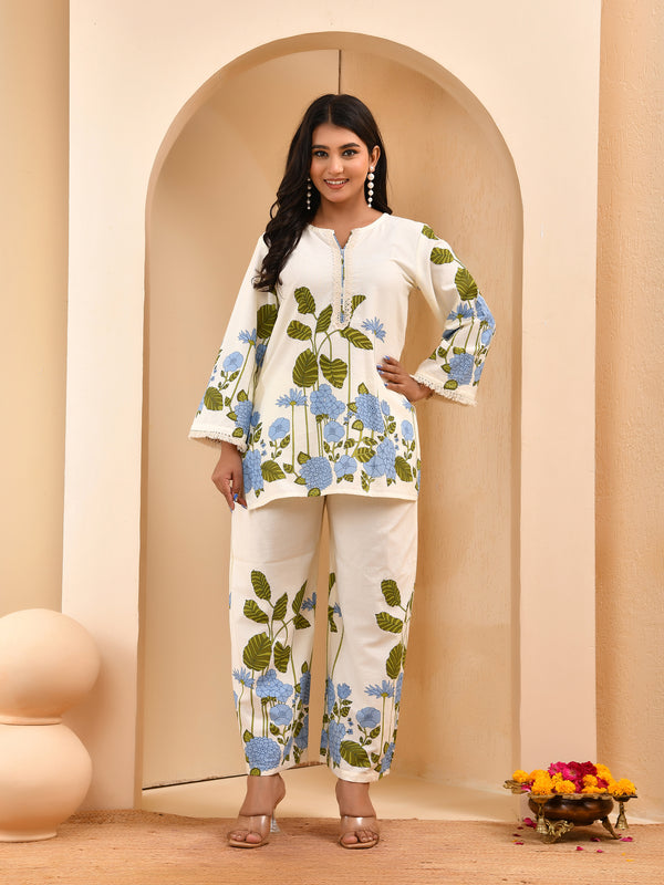 White placement floral printed co-ord set with floral placement pants
