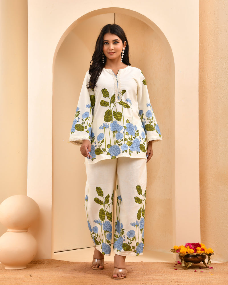 White placement floral printed co-ord set with floral placement pants