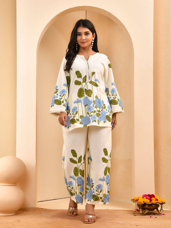 White placement floral printed co-ord set with floral placement pants
