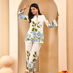 White placement floral printed co-ord set with floral placement pants