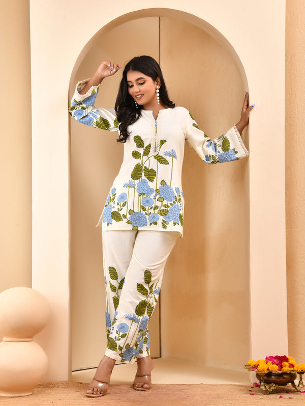 White placement floral printed co-ord set with floral placement pants