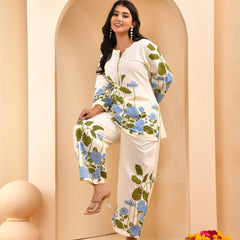 White placement floral printed co-ord set with floral placement pants