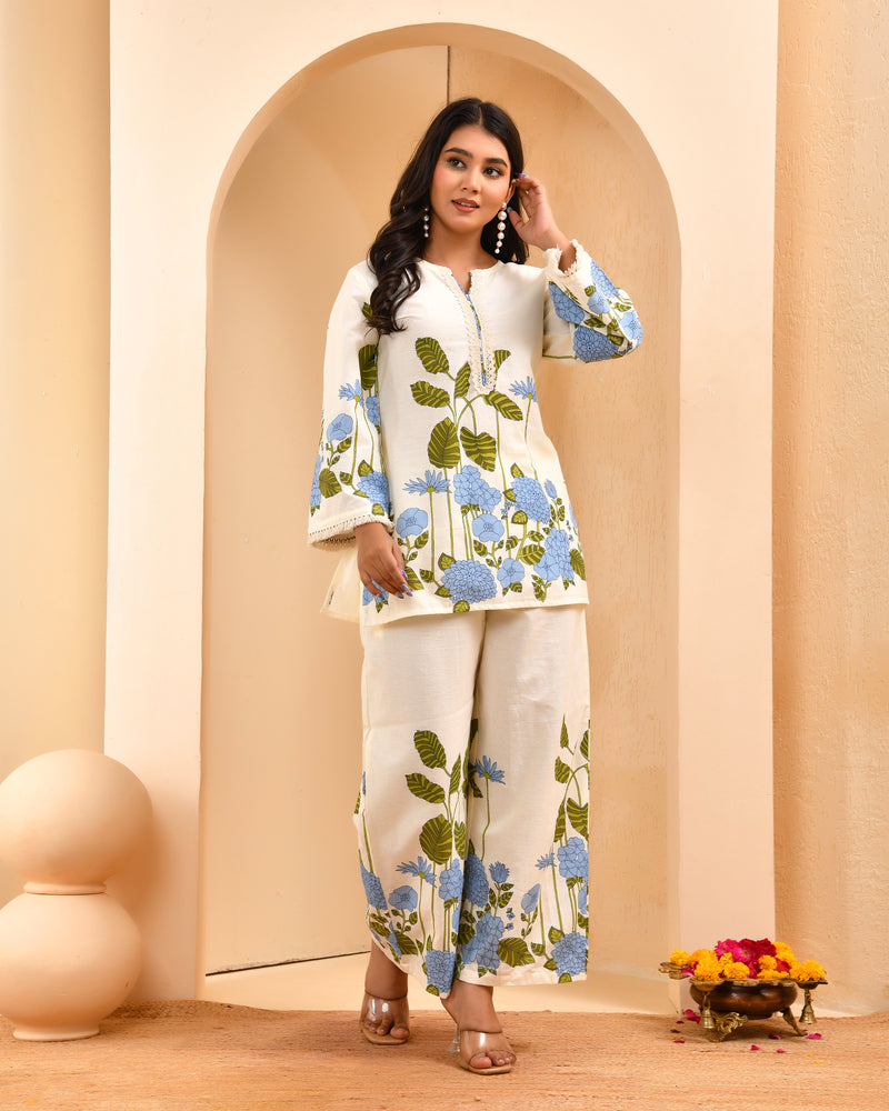 White placement floral printed co-ord set with floral placement pants