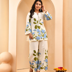 White placement floral printed co-ord set with floral placement pants