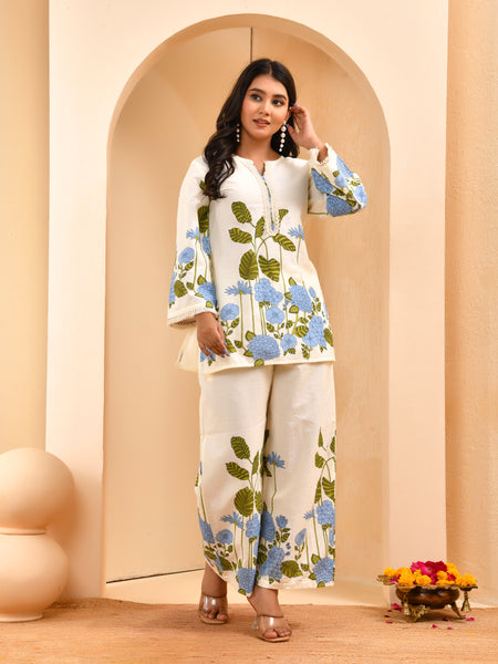 White placement floral printed co-ord set with floral placement pants