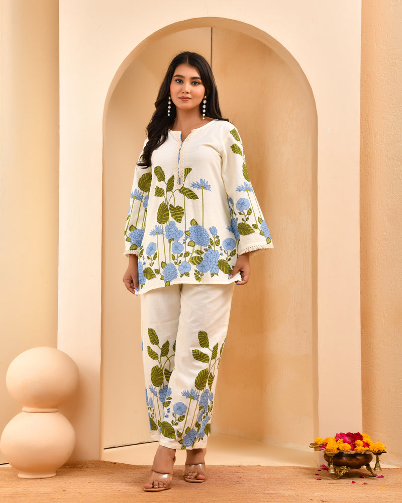 White placement floral printed co-ord set with floral placement pants