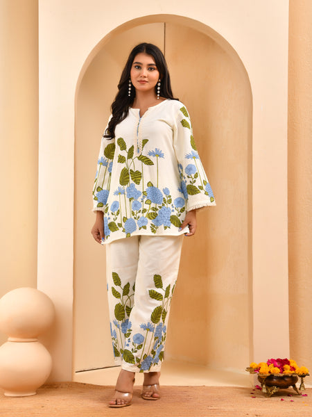 White placement floral printed co-ord set with floral placement pants