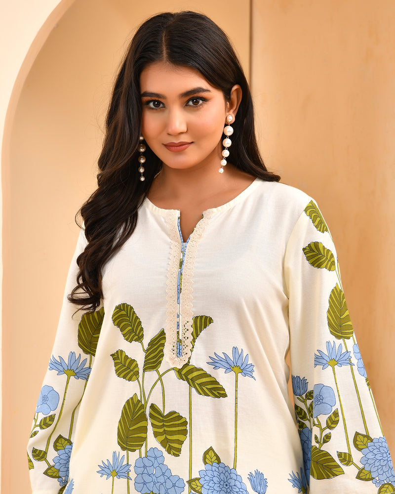 White placement floral printed co-ord set with floral placement pants