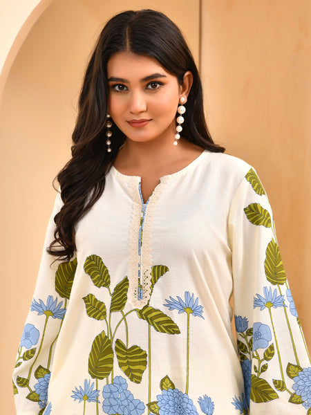 White placement floral printed co-ord set with floral placement pants