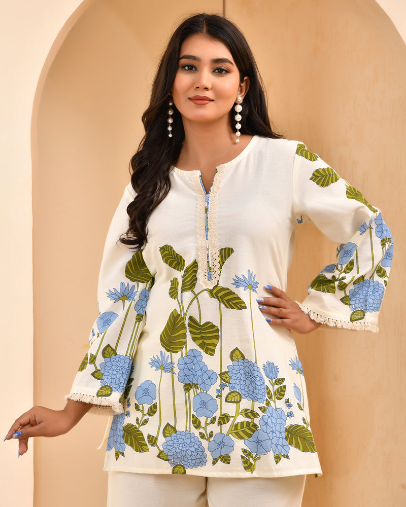 White placement floral printed co-ord set with floral placement pants