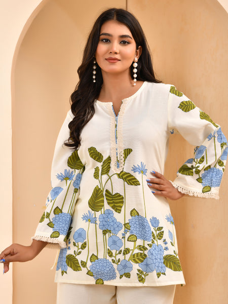 White placement floral printed co-ord set with floral placement pants