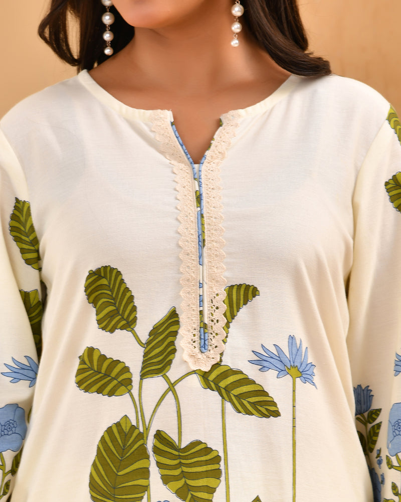 White placement floral printed co-ord set with floral placement pants