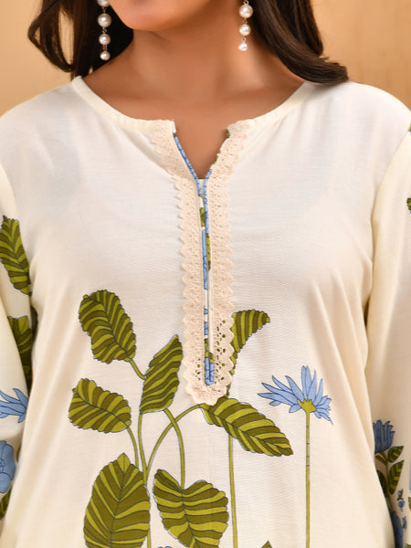 White placement floral printed co-ord set with floral placement pants