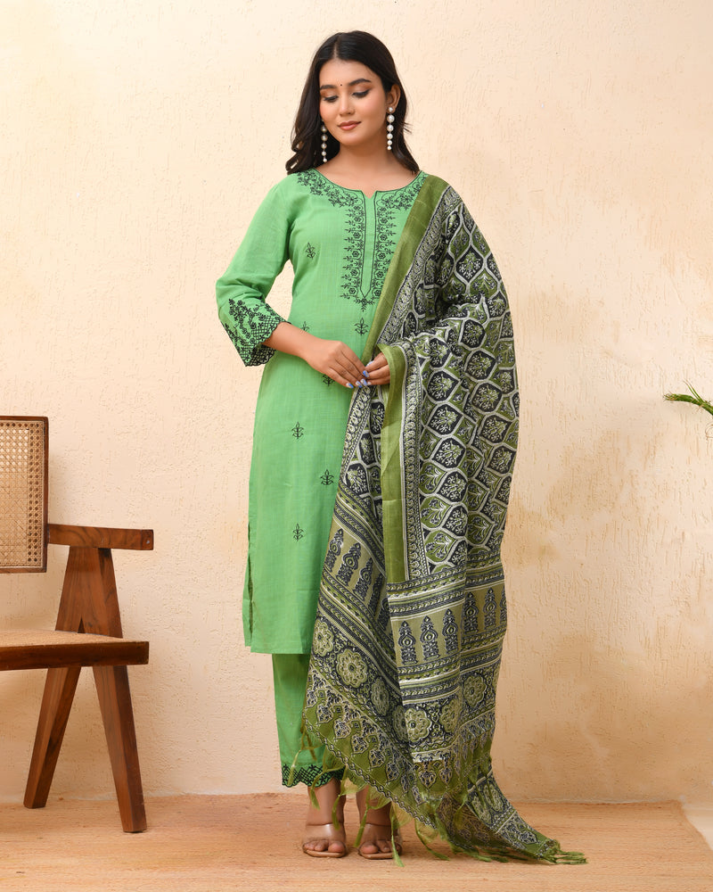 Pista embroidered kurta set with solid pants & printed dupatta