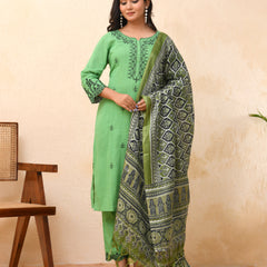 Pista embroidered kurta set with solid pants & printed dupatta