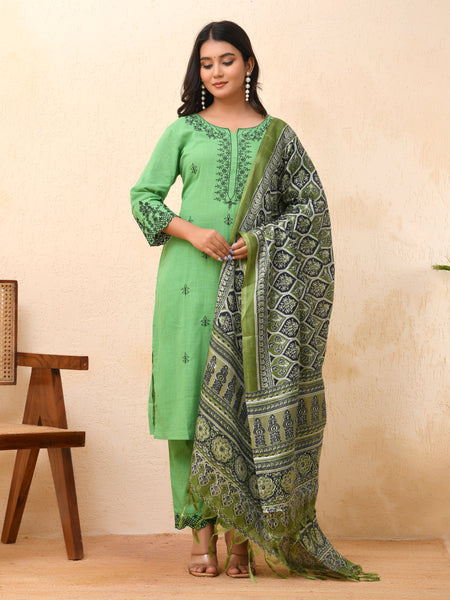 Pista embroidered kurta set with solid pants & printed dupatta