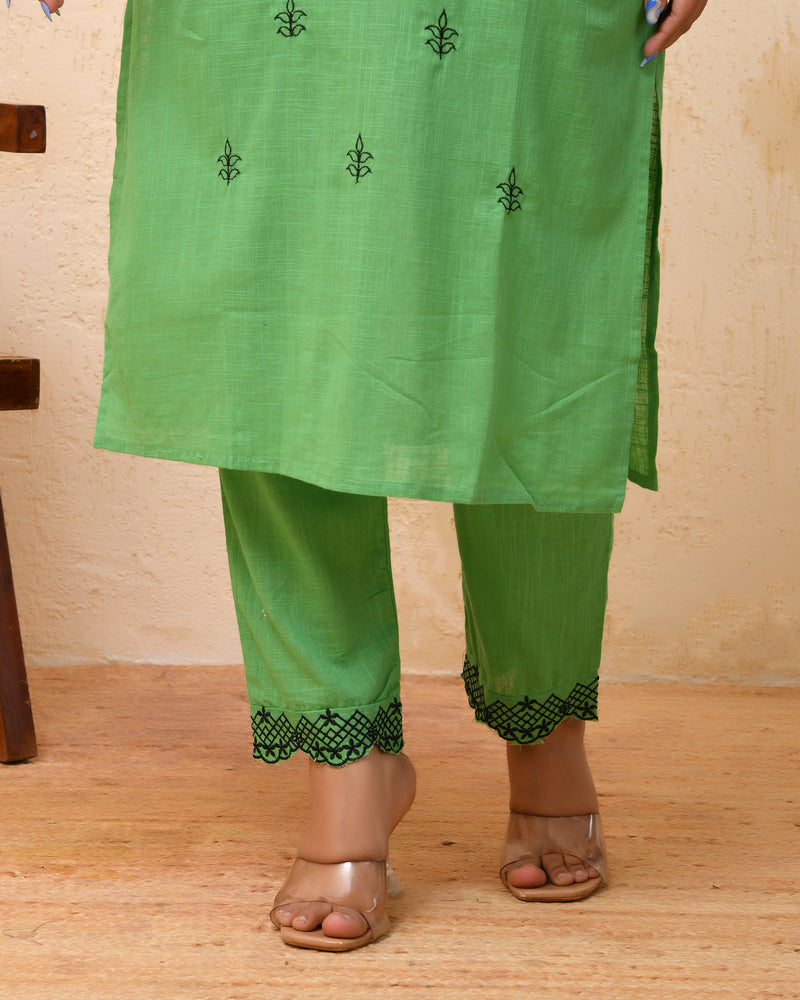 Pista embroidered kurta set with solid pants & printed dupatta