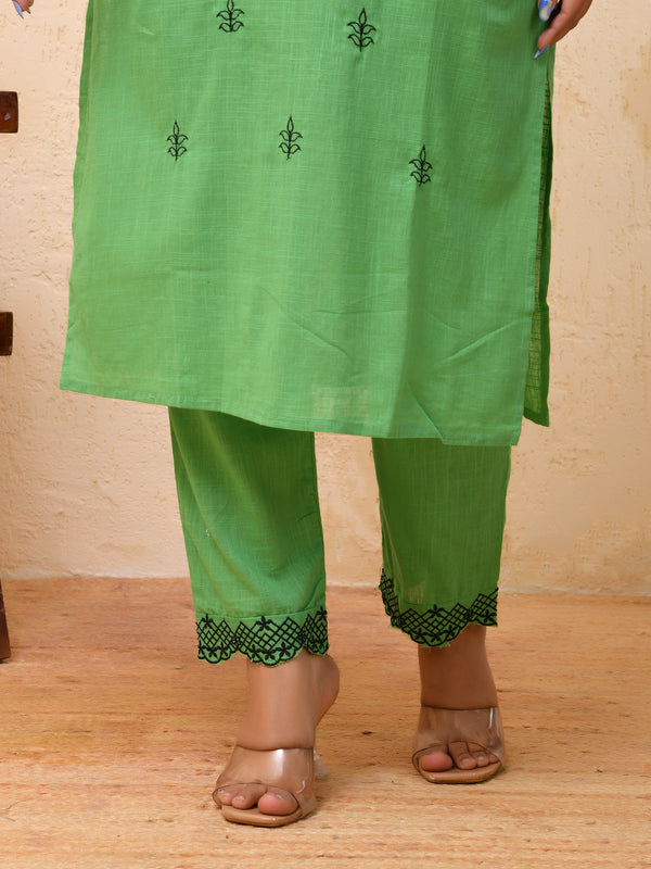 Pista embroidered kurta set with solid pants & printed dupatta