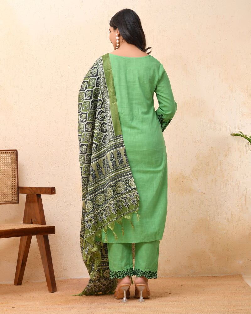 Pista embroidered kurta set with solid pants & printed dupatta