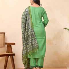 Pista embroidered kurta set with solid pants & printed dupatta
