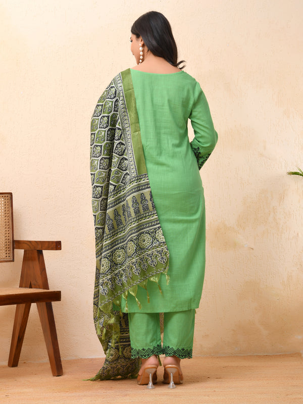 Pista embroidered kurta set with solid pants & printed dupatta