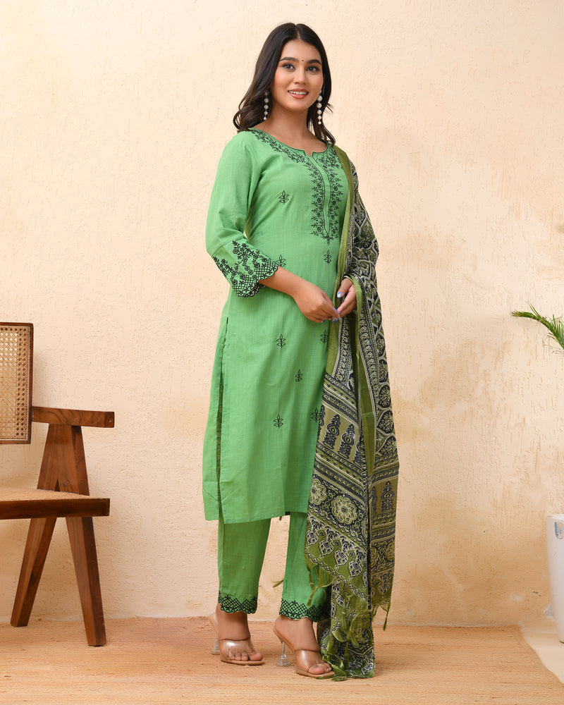 Pista embroidered kurta set with solid pants & printed dupatta