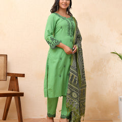 Pista embroidered kurta set with solid pants & printed dupatta
