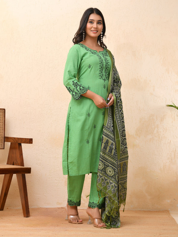 Pista embroidered kurta set with solid pants & printed dupatta