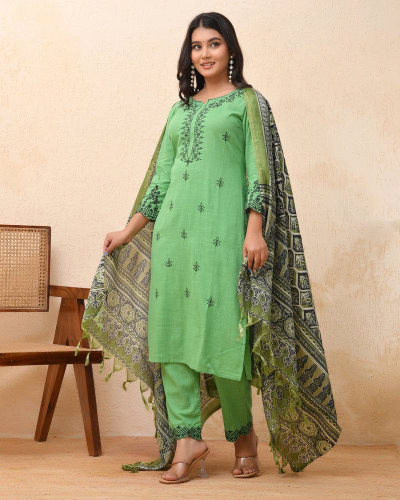 Pista embroidered kurta set with solid pants & printed dupatta
