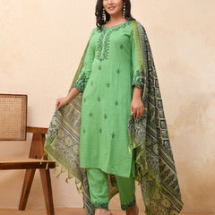 Pista embroidered kurta set with solid pants & printed dupatta