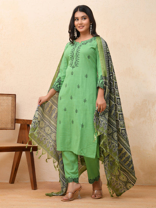 Pista embroidered kurta set with solid pants & printed dupatta