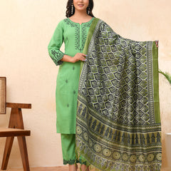 Pista embroidered kurta set with solid pants & printed dupatta