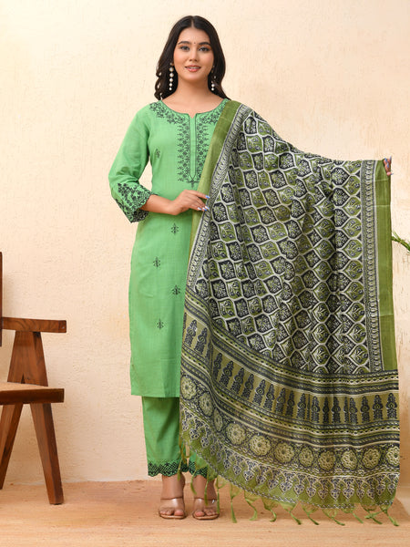 Pista embroidered kurta set with solid pants & printed dupatta