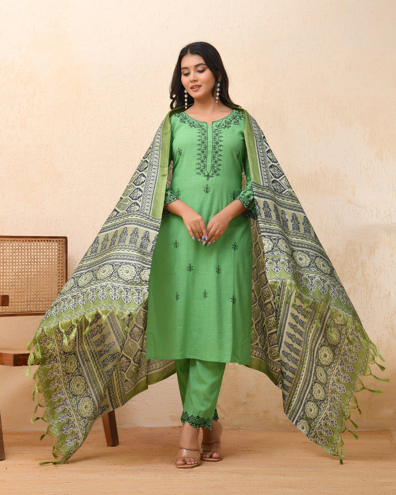 Pista embroidered kurta set with solid pants & printed dupatta