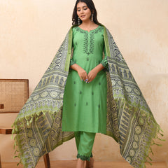 Pista embroidered kurta set with solid pants & printed dupatta