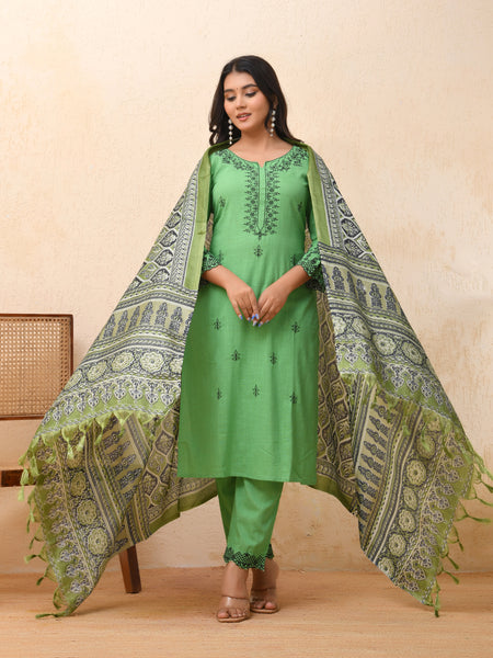 Pista embroidered kurta set with solid pants & printed dupatta