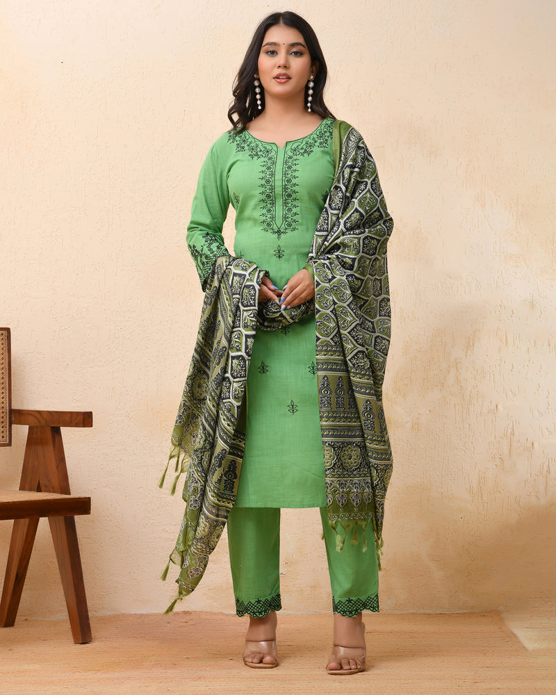 Pista embroidered kurta set with solid pants & printed dupatta
