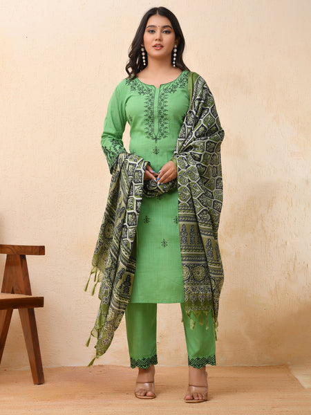 Pista embroidered kurta set with solid pants & printed dupatta