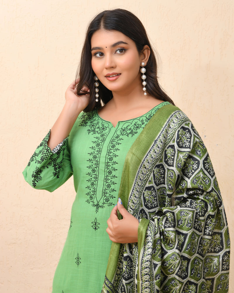 Pista embroidered kurta set with solid pants & printed dupatta