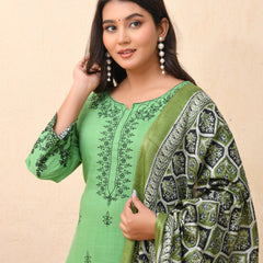 Pista embroidered kurta set with solid pants & printed dupatta