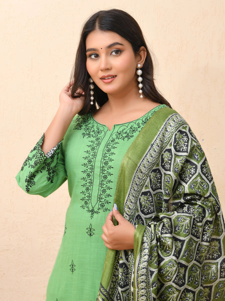 Pista embroidered kurta set with solid pants & printed dupatta