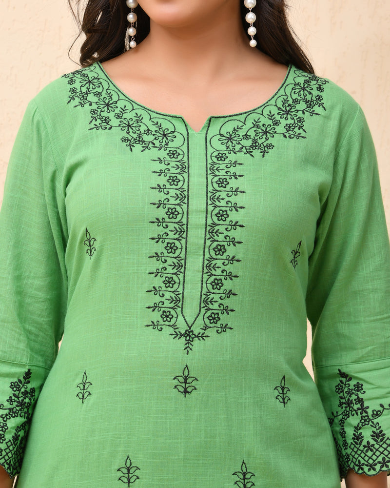 Pista embroidered kurta set with solid pants & printed dupatta