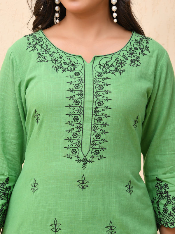 Pista embroidered kurta set with solid pants & printed dupatta