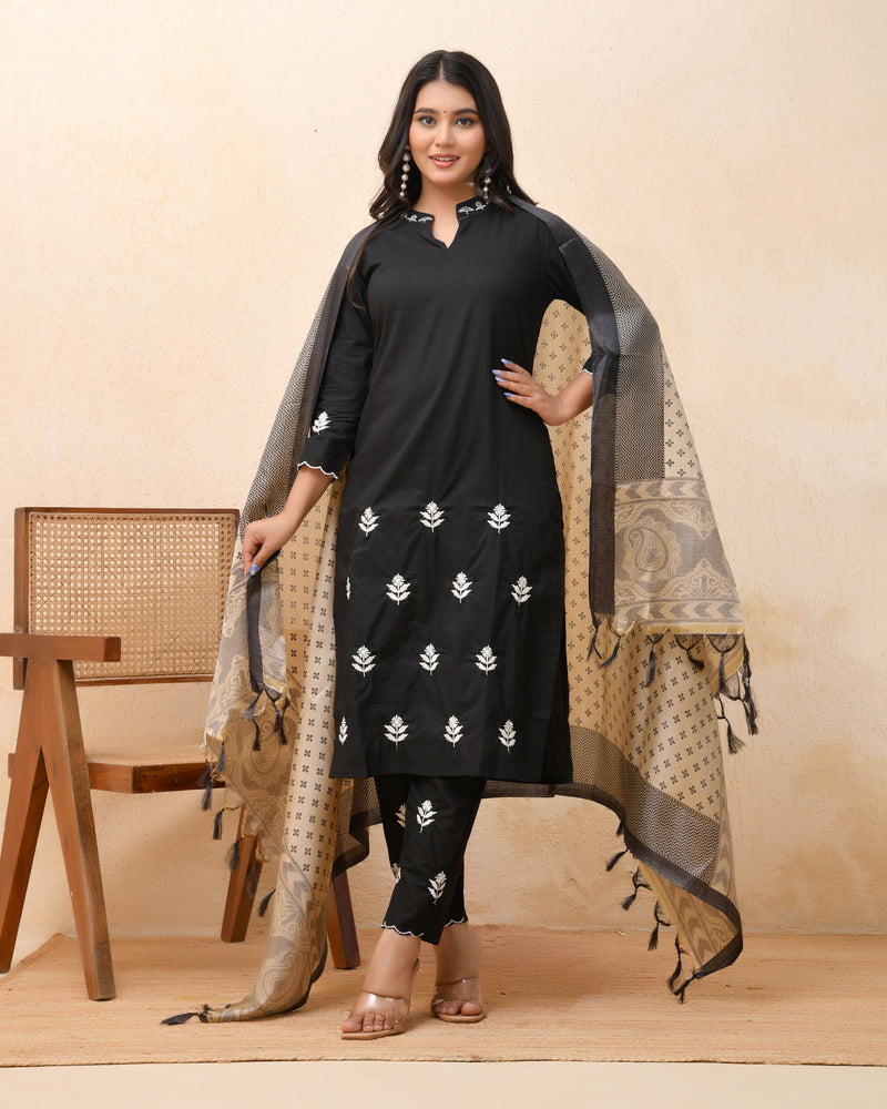 Black embroidered kurta set with solid pants & printed dupatta