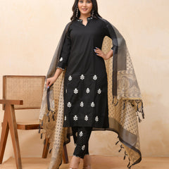 Black embroidered kurta set with solid pants & printed dupatta