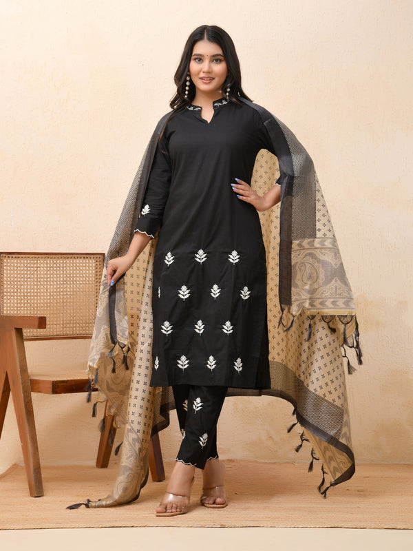 Black embroidered kurta set with solid pants & printed dupatta