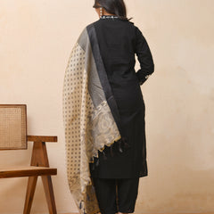 Black embroidered kurta set with solid pants & printed dupatta
