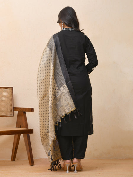 Black embroidered kurta set with solid pants & printed dupatta