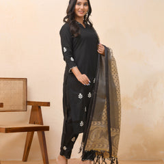 Black embroidered kurta set with solid pants & printed dupatta