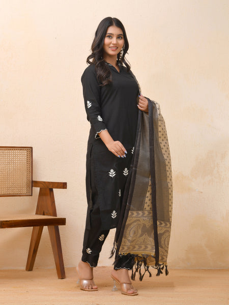 Black embroidered kurta set with solid pants & printed dupatta